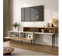 Meuble TV modulaire extensible avec rangements - bois et blanc mat, pieds métal noir