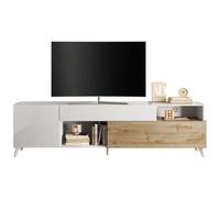 Meuble Tv - MONTECARLO XXL - 1 porte - 2 tiroirs - Blanc laqué / Chêne Cadiz - 241 x 43 x 67 cm
