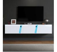Meuble TV Mural 180 x 35 x 30 cm Blanc Laqué | Meuble TV Suspendu avec LED | Buffet Flottant Moderne avec 3 Portes