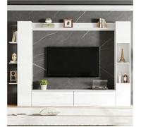 Meuble TV Mural 245 cm 4 Pièces, Ensemble Meuble TV Bas Salon avec Vitrine, Étagères, Grand Meuble de Rangement - Blanc Brillant