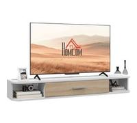 HOMCOM Meuble TV Suspendu 120 cm, Meuble télé pour téléviseur jusqu'à 50 Pouces avec Porte Rabattable, 2 Étagères Ouvertes et Passe-câbles, Banc TV Flottant pour Salon et Chambre, Blanc et Chêne