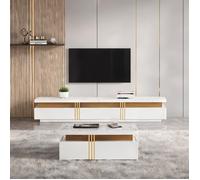 Meuble TV mural blanc 2 pièces panneau de particules, table basse et support TV design épuré, capacité 90 pouces, 1000 mm