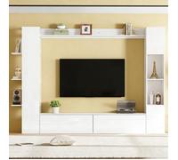 Meuble TV mural blanc brillant 228 cm avec porte acrylique, étagères ouvertes et grand espace de rangement