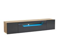 Meuble TV mural flottant - HIBA - 180×37×36 cm - Noir & Bois laqué - LED pilotable - Compatible TV 75 pouces