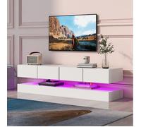 Meuble TV mural LED blanc 130 cm en MDF, 4 tiroirs, contrôle Bluetooth par appli, USB, pour TV jusqu’à 55 pouces
