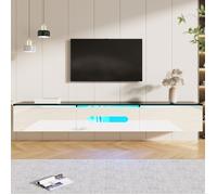 Meuble TV Mural Noir et Blanc Laqué avec LED 16 Couleurs - Merax Banc TV Suspendu Moderne avec Portes Soft-Close,180 × 35 × 30 cm