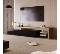 Meuble TV Noir Led, Grand Meuble TV Bois Meuble TV Moderne Meuble Banc TV Avec étagère en verre transparent Meuble Tele 200 cm