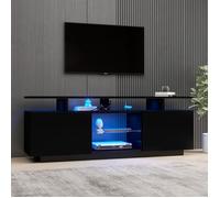 Meuble TV Noir Moderne - Eclairage LED, Casier Elégant pour Télé 60 pouces - 2 Portes Brillantes - Etagère en Verre -140x35x55cm