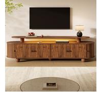 Meuble TV ovale 180x40x48 cm avec LED,4 portes centrales,2 portes coulissantes rainurées,passe-câbles,pieds boule en bois massif,MDF