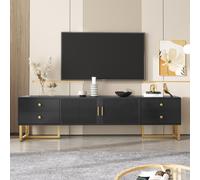 Meuble TV, panneau bas avec porte texturée, meuble TV avec tiroirs, poignées dorées et pieds dorés