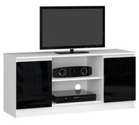 Meuble TV pour salon AKORD Blanc 120 cm 2 portes façade Noir Brillant 2 étagères 120x40x55 cm
