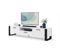 Meuble TV pour téléviseur jusqu'à 70" Moderne, 3 Portes en Bois idéal pour Salon Chambre, Banc TV,1 Niche Ouverte et Passe Câbles Intégré Blanc L 200 X P 43 X H 48 cm Nuka