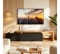 Meuble TV pour téléviseurs jusqu'à 85 pouces, table/meuble TV bas moderne laqué brillant avec espace de rangement et étagères en verre ouvertes pour salon/chambre Présentation du produitCet élégant me