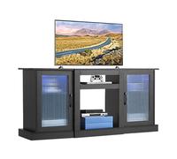 VEVOR Meuble TV pour Télévision jusqu’à 165 cm, Banc TV Moderne en Bois, Centre de Divertissement avec Bande Lumineuse, Portes et Étagères Réglables, Rangement pour Salon, Salle Multimédia, Noir