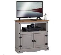 Meuble TV RAMON banc télévision en pin massif gris et brun avec 2 portes et 1 niche, meuble de rangement style mexicain en bois