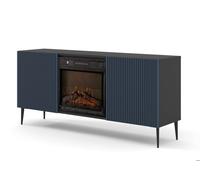 Meuble TV RAVENNA 2D 170 cm avec cheminée électrique noir mat / bleu marine