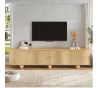 Meuble TV rétro 180x35x45 cm-2 portes coulissantes rainurées-bords arrondis-grand rangement-pieds boule-passe-câbles-MDF-Naturel
