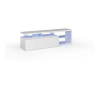 Meuble TV réversible BLUE-TECH - Mélaminé blanc laqué - 1 Porte abattante - LED - Blanc brillant - L150 x P41 x H43 cm