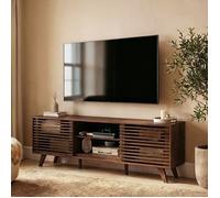 Meuble TV RIAN avec portes coulissantes et étagères ajustables 175 x 50 x 38 cm bois massif brun foncé, Meuble de salon moderne