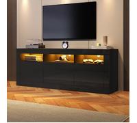Meuble TV Salon Noir Haut Brillant 160x35x60cm,Laqué,Éclairage LED,2 Portes 2 Tiroirs,3 Compartiments Ouverts,Buffet Bas MEUBLE TV