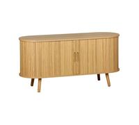Meuble TV scandinave 2 portes coulissantes. 4 compartiments. décor bois rainuré naturel. L120 x 40 x 57 cm
