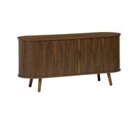 Meuble TV scandinave 2 portes coulissantes. 4 compartiments. décor bois rainuré noyer. L120 x 40 x 57 cm