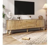 Meuble TV scandinave 2 portes coulissantes et 2 tiroirs, contour arrondi aspect bois naturel 160 cm Grjofek