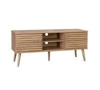 Meuble TV scandinave avec 2 portes décor bois rainuré et 1 niche centrale avec étagère L120cm