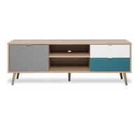 Finori Meuble TV CUBA – Décor chêne, gris, blanc et bleu pétrole, 1 porte, L150×P40×H51 cm