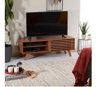 Meuble TV SEAN banc télé de 115 cm au design vintage avec 4 niches et 1 porte coulissante ajourée, en pin massif lasuré brun foncé