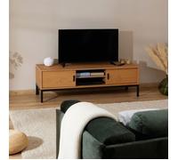 Meuble TV SELMA banc télé de 145 cm au style industriel design vintage avec 2 portes coulissantes, en pin massif teinté brun clair