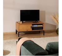 Meuble TV SELMA banc télé de 98 cm au style industriel design vintage avec 1 porte coulissante, en pin massif teinté brun clair