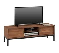 IDIMEX Meuble TV Selma L 145 cm en Bois Massif Brun foncé au Style Industriel Design Vintage avec 2 Portes coulissantes et 1 Compartiment Ouvert, pour télé jusqu'à 152 cm