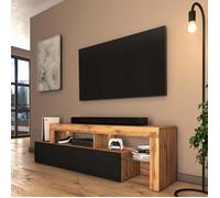 Selsey Meuble TV 172 cm Armoire De Télévision Debout Asymétrique Éclairage LED Façade Noire Chêne Wotan Asten