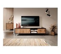 Selsey Meuble TV Armoire De Télévision sur Pieds Noir 175 cm À Lamelles Éclairage LED Chêne Wotan Bello
