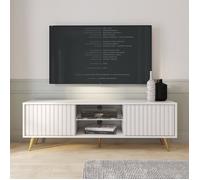 Meuble TV - SELSEY - BELLO - avec LED - 135 cm - façades à lamelles, pieds dorés