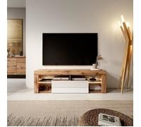 Meuble TV - Selsey - Bianko - 140 cm - Chêne Lancaster - Blanc Brillant - LED