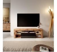 Meuble TV - SELSEY - Bianko - 140 cm - Chêne Lancaster - Noir Brillant - LED