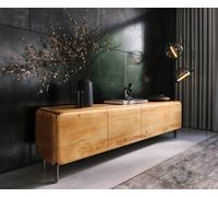 Meuble-TV Shavani 200 cm Acacia naturel 4 portes Pieds en L Acier inoxydable argenté