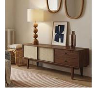 Meuble TV SIMONA L 175 cm en bois massif coloris châtaignier avec 2 Tiroirs 2 Portes Coulissantes, Pour TV jusqu'à 75""