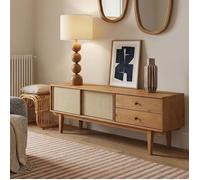 Meuble TV SIMONA L 175 cm en bois massif coloris chêne avec 2 Tiroirs 2 Portes Coulissantes, Pour téléviseur jusqu'à 75""