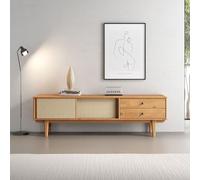 Meuble TV SIMONA L 175 cm en bois massif coloris chêne avec 2 Tiroirs 2 Portes Coulissantes, Pour téléviseur jusqu'à 75", Style Vintage Scandinave Années 50 avec Rotin Tressé, Rangement pratique