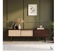 Meuble TV SIMONA L 175 cm en bois massif coloris noyer avec 2 Tiroirs 2 Portes Coulissantes, Pour téléviseur jusqu'à 75""