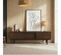 Meuble TV SIMONA L 175 cm en Bois Massif Coloris Noyer avec 2 Tiroirs 2 Portes Coulissantes, Pour téléviseur jusqu'à 75""