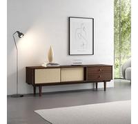 Meuble TV SIMONA L 175 cm en bois massif coloris noyer avec 2 Tiroirs 2 Portes Coulissantes, Pour téléviseur jusqu'à 75", Style Vintage Scandinave Années 50 avec Rotin Tressé, Rangement pratique