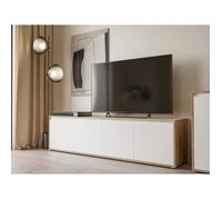 Meuble TV - SKELPE- Blanc mat et chêne - 4 portes - 188,3 x 42 x 49,7 cm