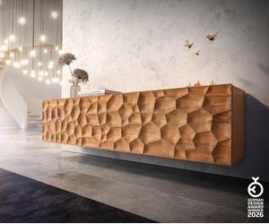 Meuble-TV Solu 175 cm acacia naturel 2 portes 2 tiroirs flottant façade 3D