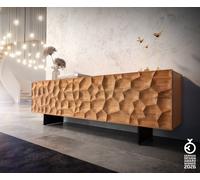 Meuble-TV Solu 175 cm acacia naturel 2 portes 2 tiroirs pied flottant métal noir façade 3D