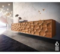 Meuble-TV Solu 220 cm acacia naturel 2 portes 4 tiroirs flottant façade 3D