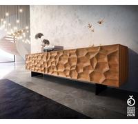 Meuble-TV Solu 220 cm acacia naturel 2 portes 4 tiroirs pied flottant métal noir façade 3D